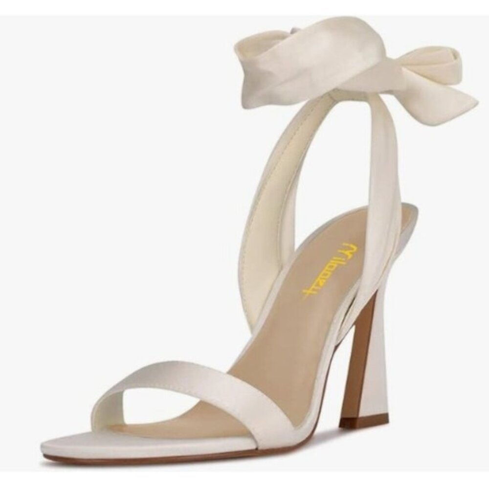 Milooey shoes White Open Toe Strappy Heeled Sandal Lace Up Block High Heels Shoe